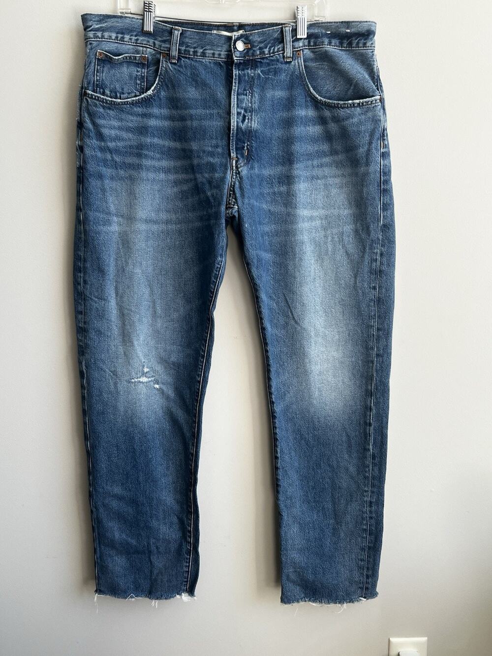 Madewell The Dean Easy Straight Jeans 32T Medium Wash Frayed Raw Hem Distressed